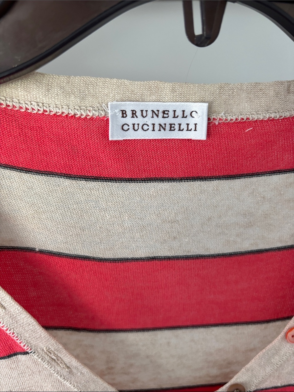 Brunello Cucinelli Striped Red and Beige Button-Front Cardigan - Picture 2 of 9